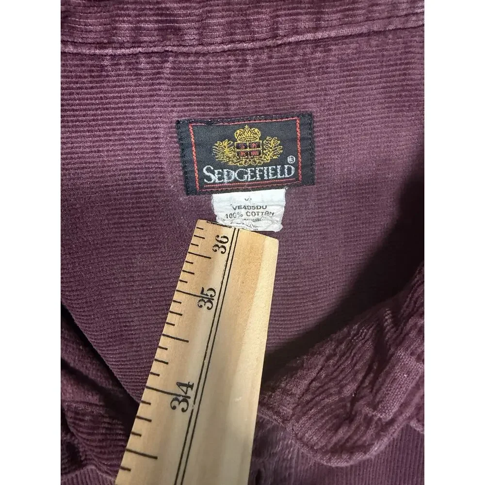 Mens Vintage Size Large 90s Burgundy Corduroy SedgeField Button Down Shirt - Picture 4 of 7